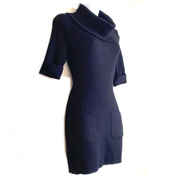 INC cowl neck cuffed short sleeve BLACK sparkly sweater with front pockets - Picture 2 of 11